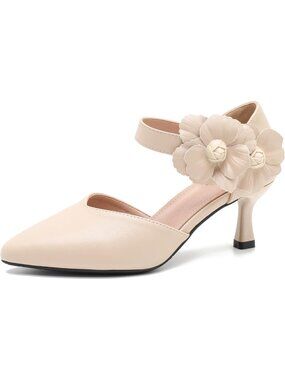 〽️Women Nude Flower Heel Matte Pointed Toe Bow Ankle Strap Synthetic ShoesSuperi